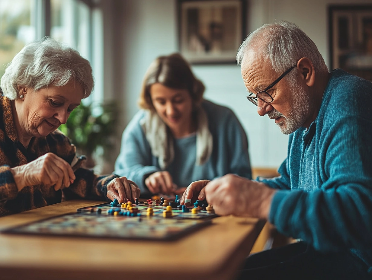 Літні люди грають в інтелектуальні ігри після тренування
