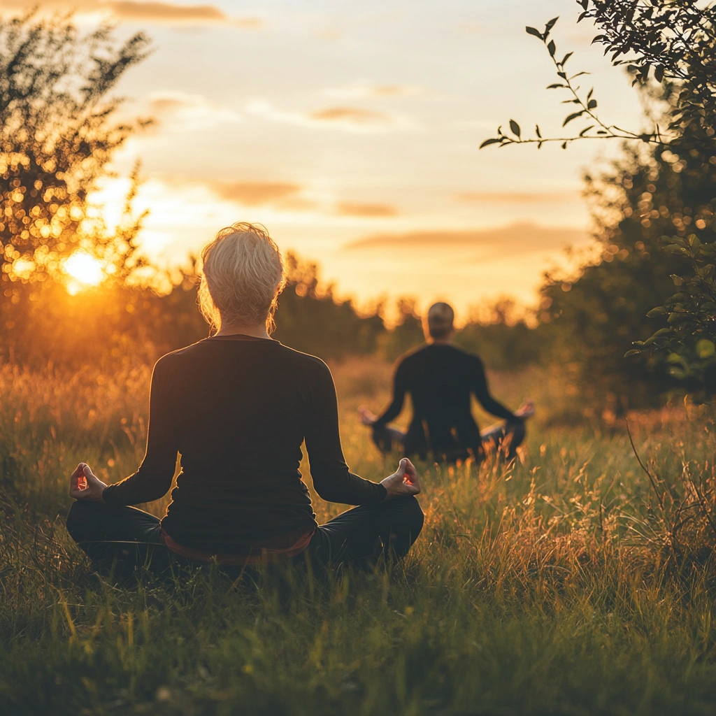Літні люди займаються йогою на природі